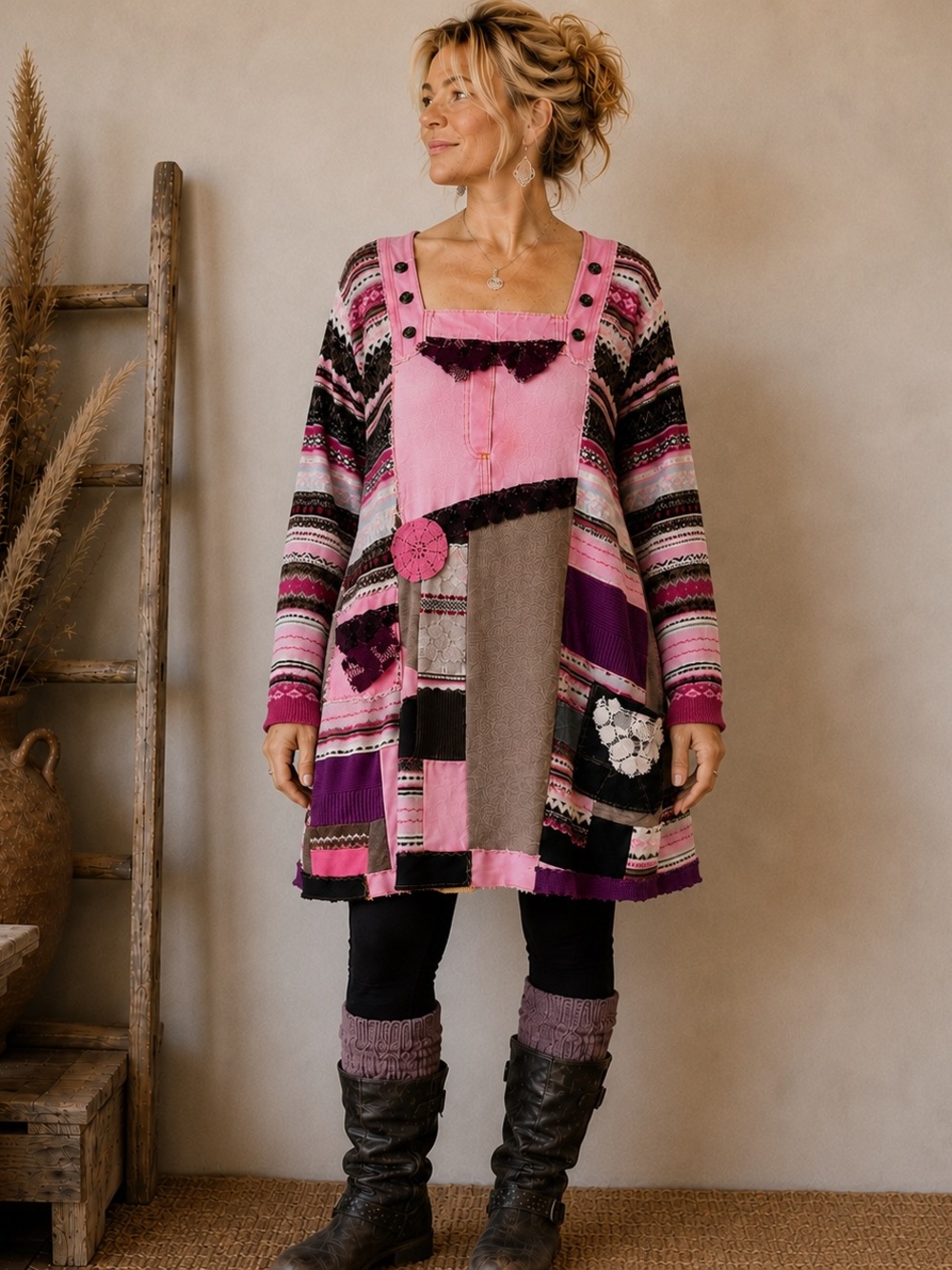 MARTINELI One of a Kind Upcycled Patchwork Tunic Dress L XL Lagenlook